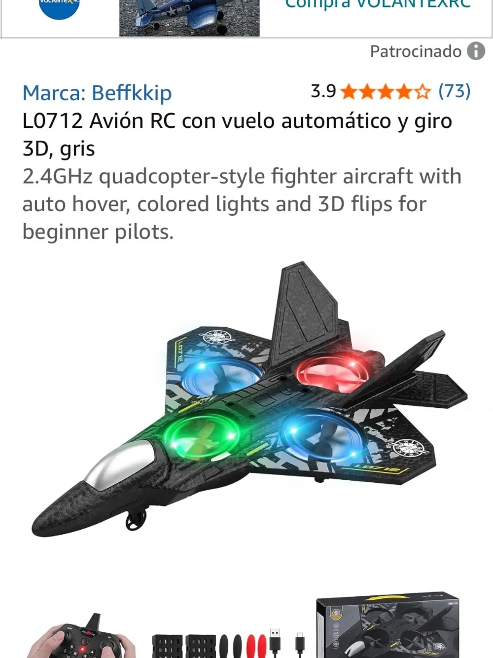Kids RC Fighter Jet Toy with Green and Blue LED Lights